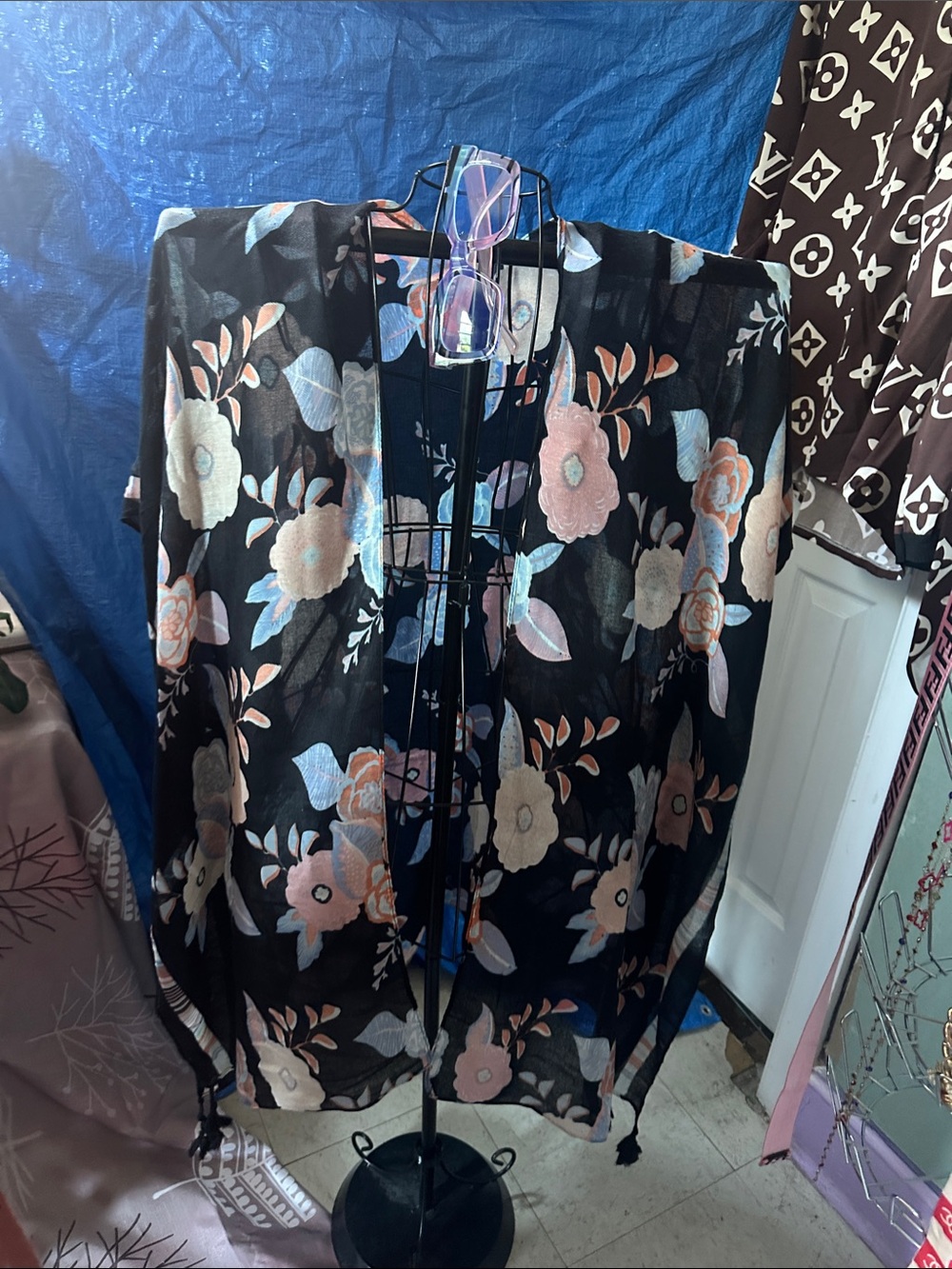Lightweight Black Floral Kimono Jacket - Sheer Open Front